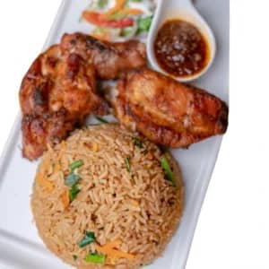Special fried rice served with grilled chicken and coleslaw